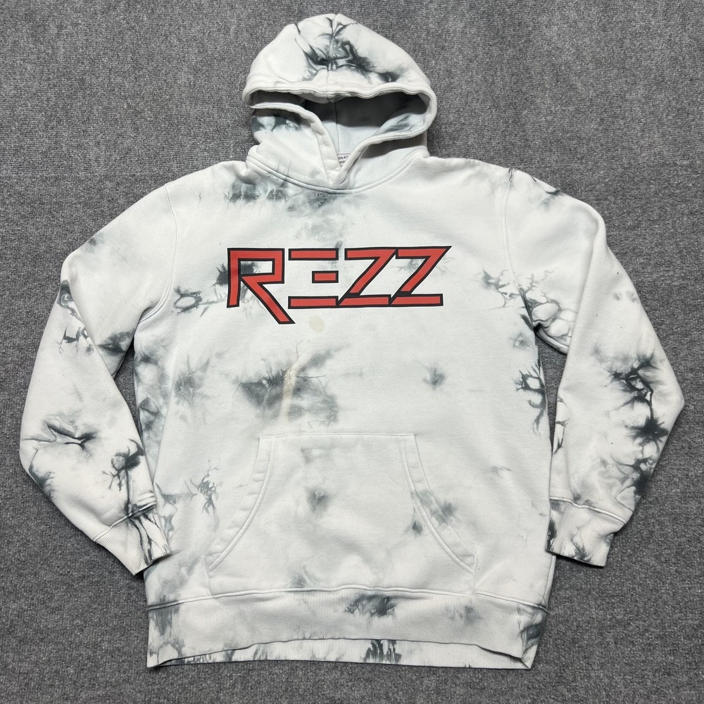 REZZ Hoodie Mens Medium White Fleece Tie Dye Pullover Snake Graphic Sweatshirt
